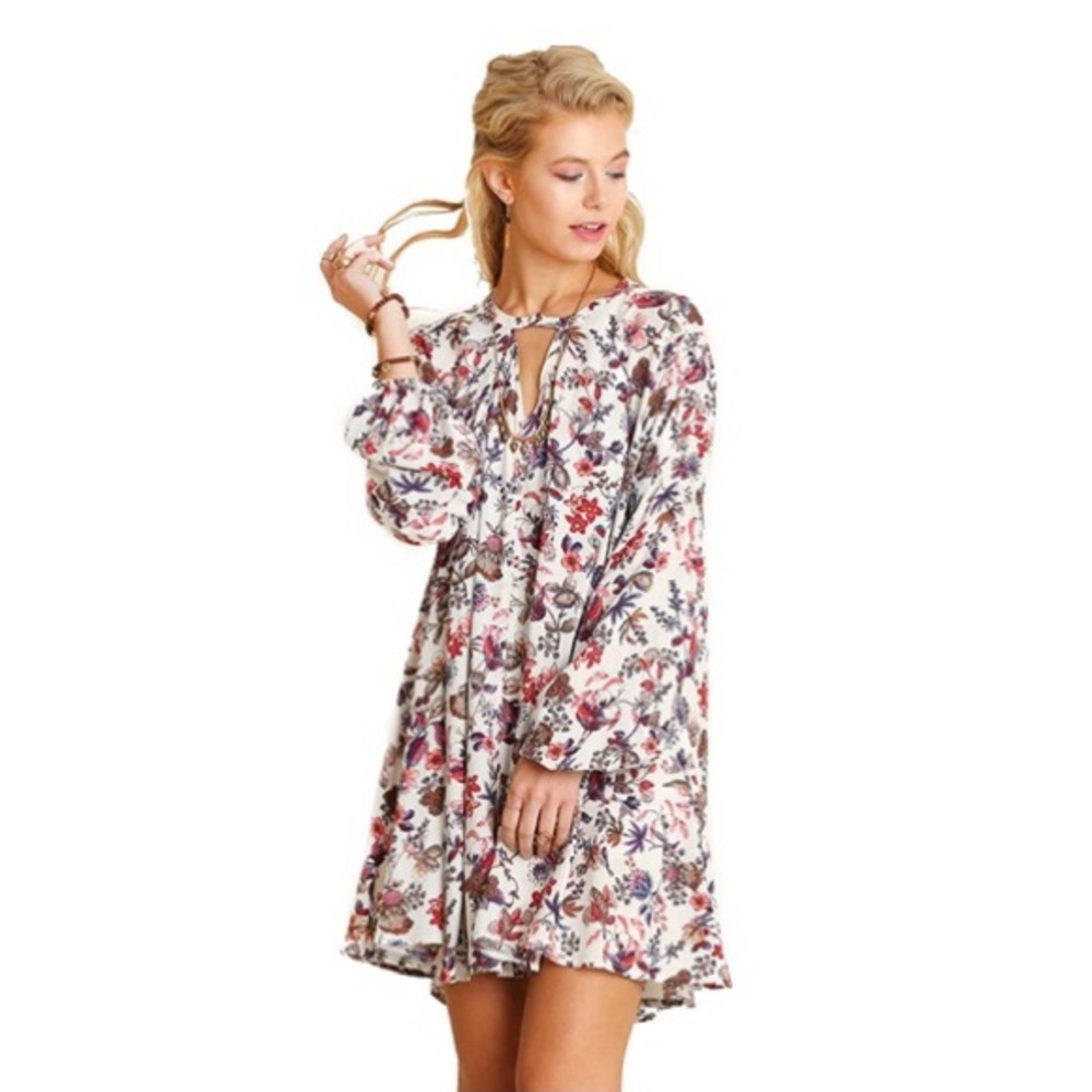 Long-Sleeve Floral Trapeze Dress
